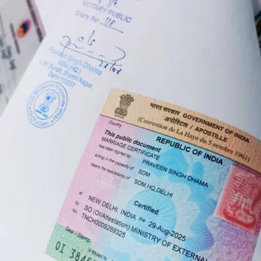 Verified Apostille - MEA-Approved Certificate Attestation in India photo of MEA apostille sticker on an Indian marriage certificate with notary and SDM stamps